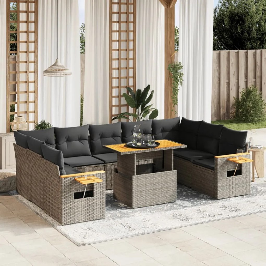 vidaXL 10 pcs conjunto sofás de jardim c/ almofadões vime PE cinzento