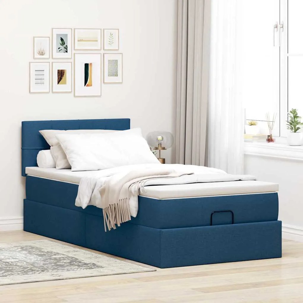 Cama Otomana com Colchão & LEDs Tecido Azul 90x200 cm