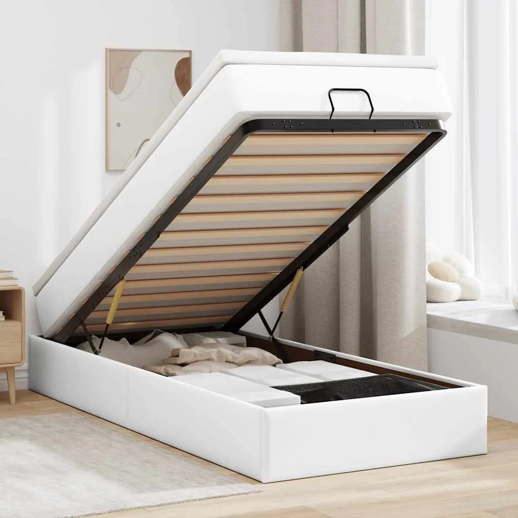 vidaXL Estrutura de cama otomana com colchão branco couro falso