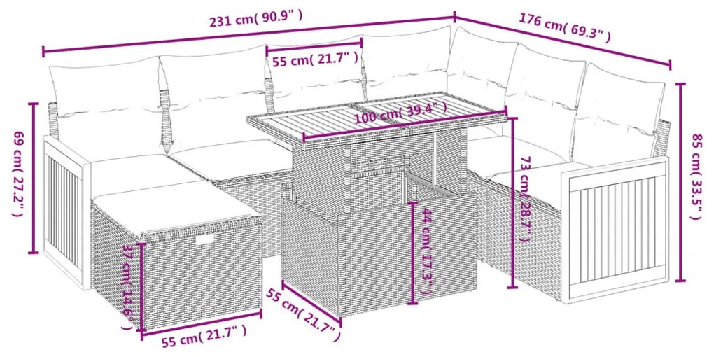 8 pcs conjunto sofás de jardim com almofadões vime PE preto