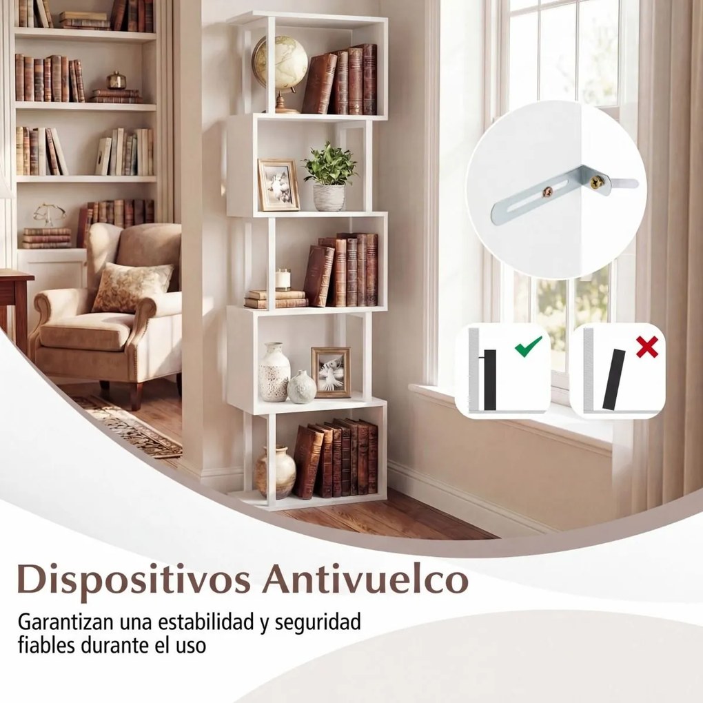 Estante de 5 prateleiras, geométrica em forma de S com estrutura metálica e sistema anti-tombamento 38 x 23 x 147 cm Branca