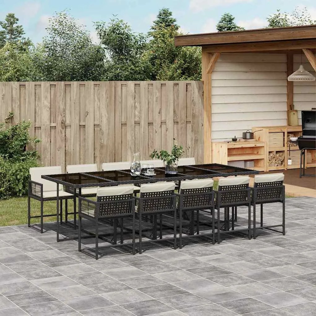 vidaXL 11 pcs conjunto de jantar p/ jardim c/ almofadões vime PE preto