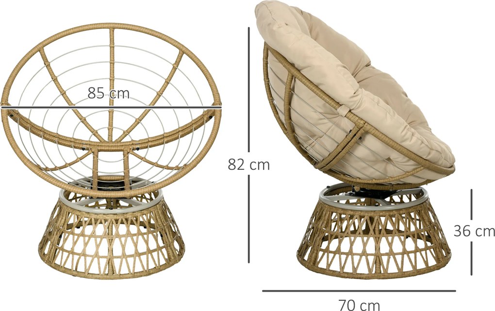 Cadeira Papasan Giratória de Vime Sintético com Almofada Suporta 120 kg para Exterior Jardim Terraço 85x70x82 cm Castanho e Cáqui