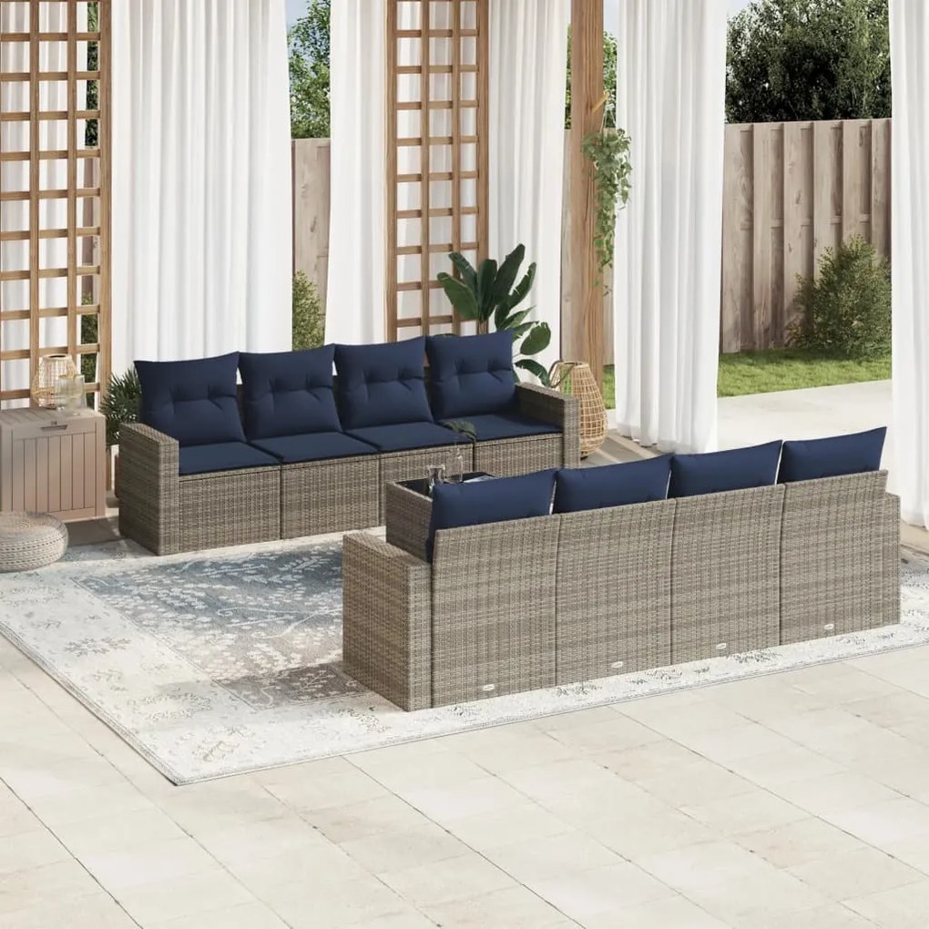 vidaXL 9 pcs conjunto sofás p/ jardim c/ almofadões vime PE cinzento