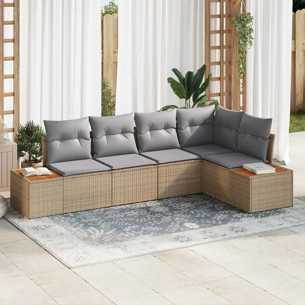 Sofá de Jardim 5 Peças com Almofadas em Rattan Poliéster Bege