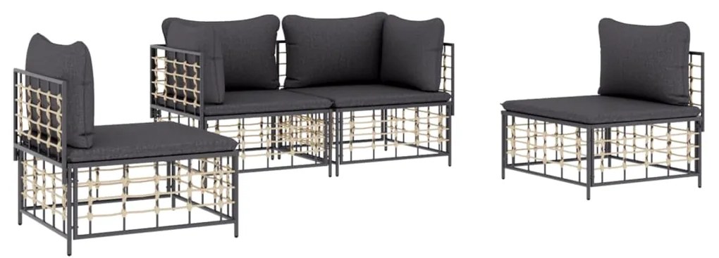 4 pcs conjunto lounge de jardim c/ almofadões vime PE antracite