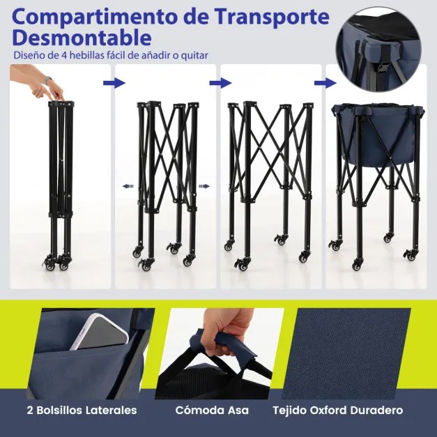 Carrinho de bola de tênis dobrável com rodas de cesta de alumínio leve saco removível capacidade 150 bolas Azul