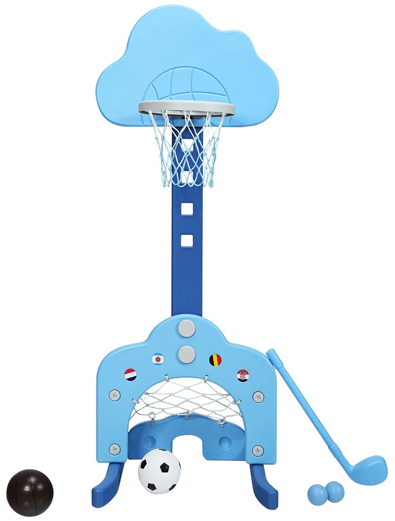 Cesto de basquetebol 3 em 1 leve e estável com altura ajustável e jogo de golfe para crianças 56 x 50,5 x 149 cm azul