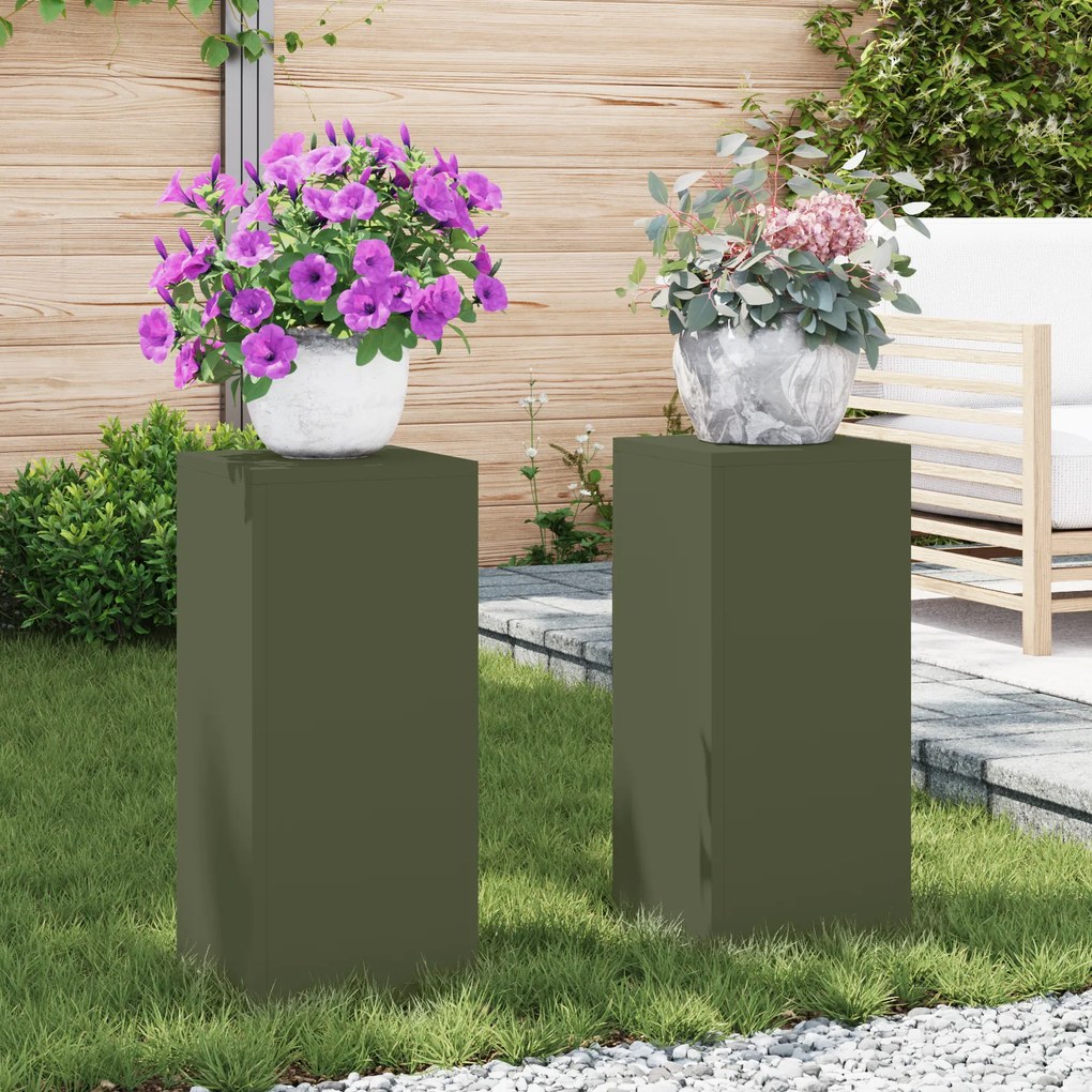 vidaXL Suportes para Plantas Pilar 2 pcs Verde-Azeitona 24x24x55 cm Aço