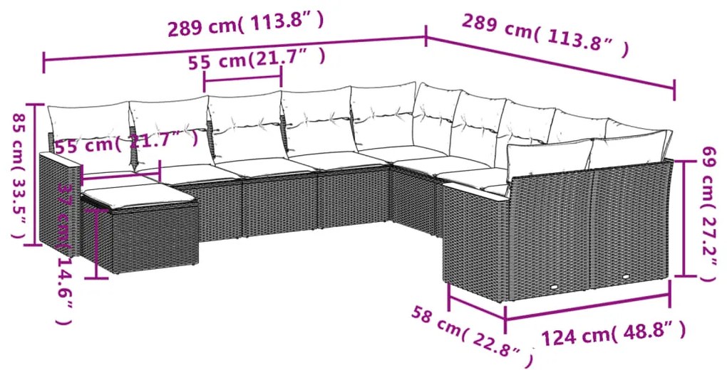 11 pcs conjunto sofás de jardim c/ almofadões vime PE bege