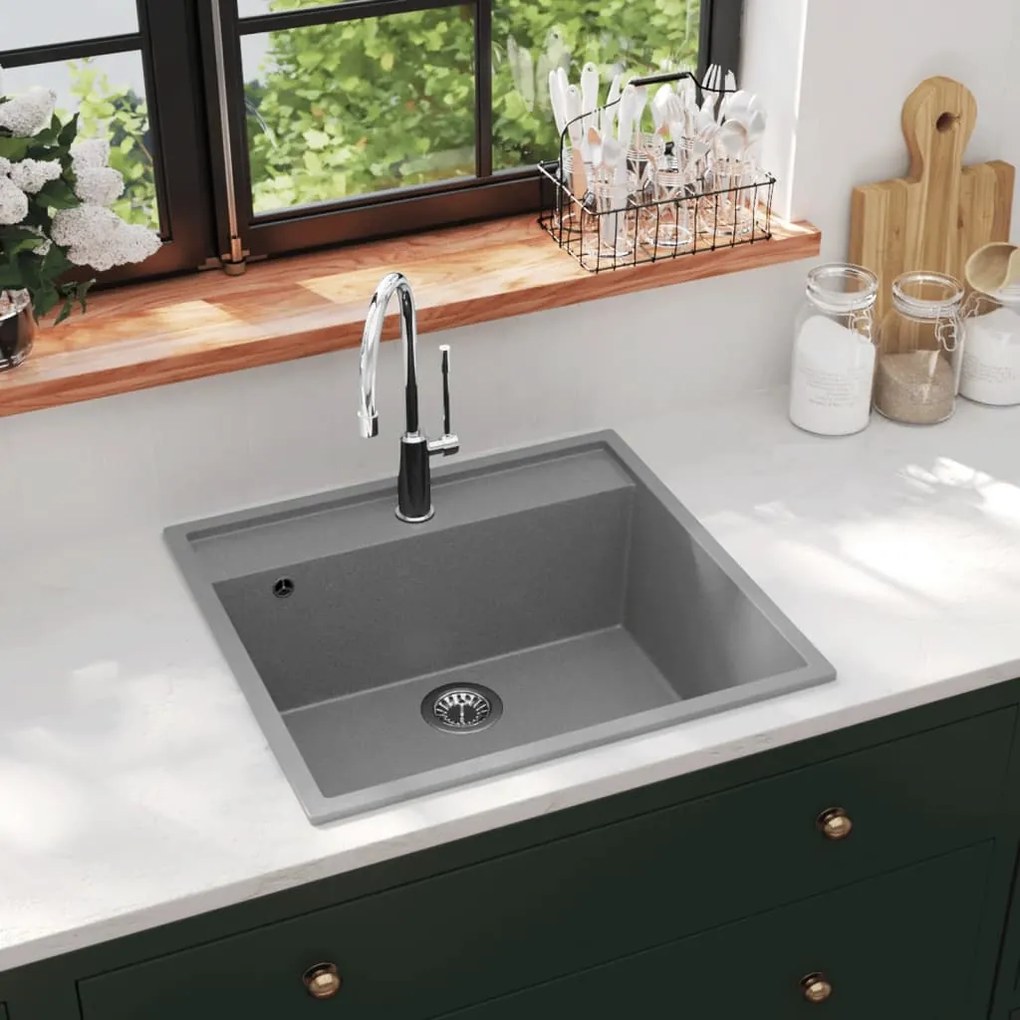 Lava-Louça de Cozinha em Granito Cinzento - 53x50cm - Design Moderno
