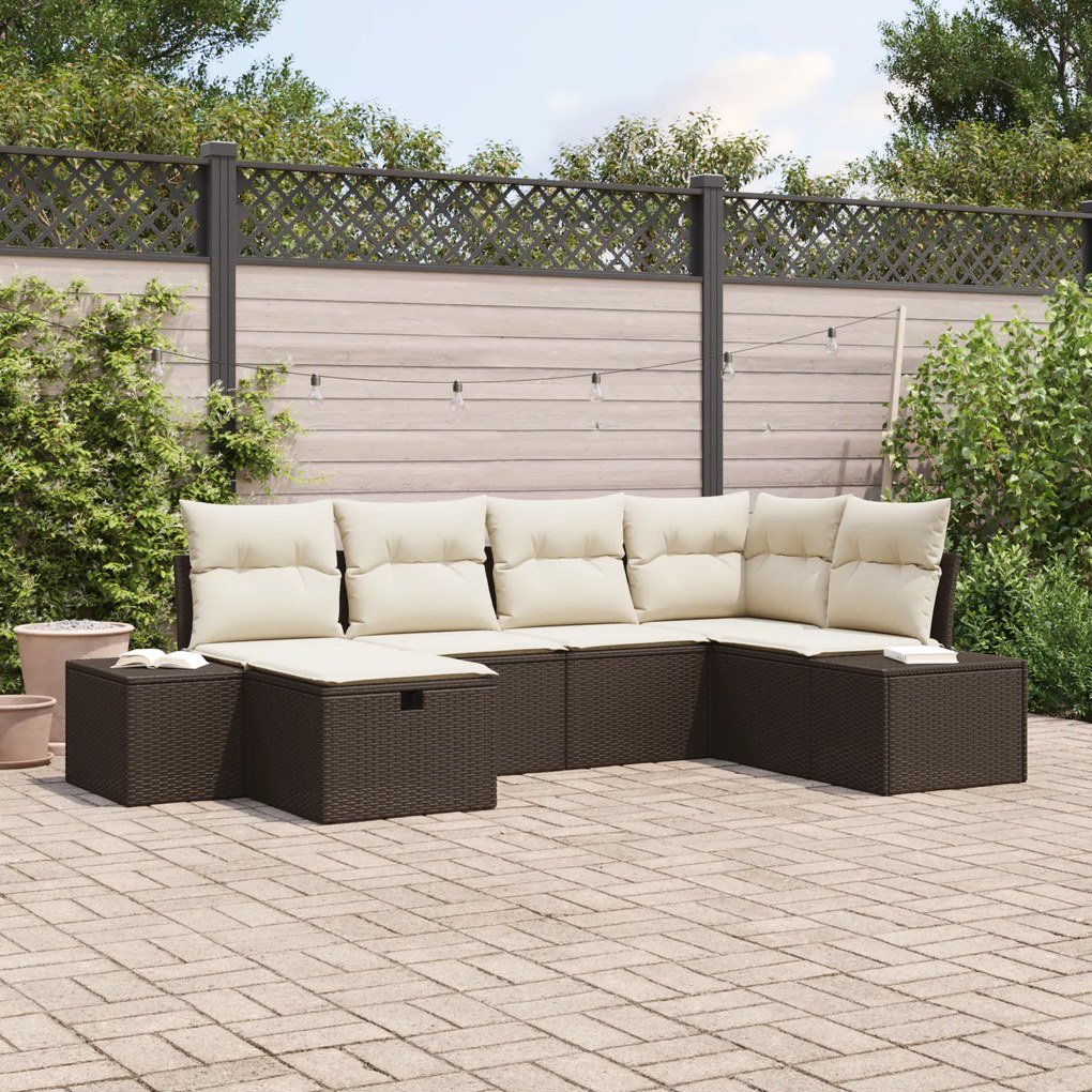 Conjunto de Sofá de Jardim de 6 Peças com Almofadas Castanho Vime Poli