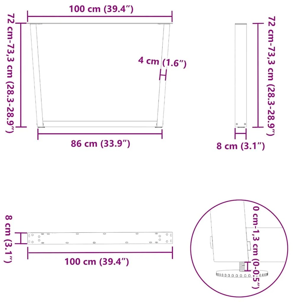 Mesa de jantar pernas 2pcs forma de V 100x(72-73,3)cm aço preto