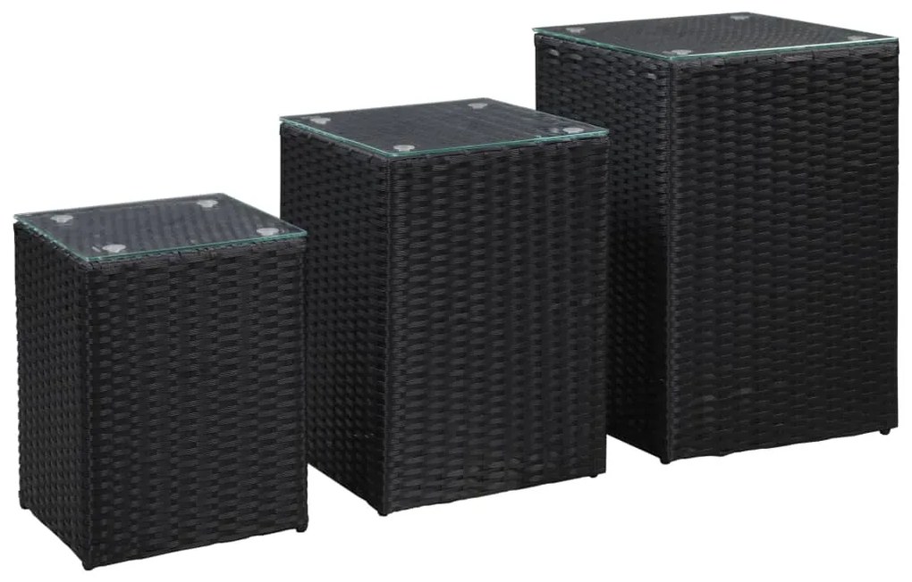 46984 vidaXL Mesas de apoio com tampo de vidro 3 pcs vime PE preto