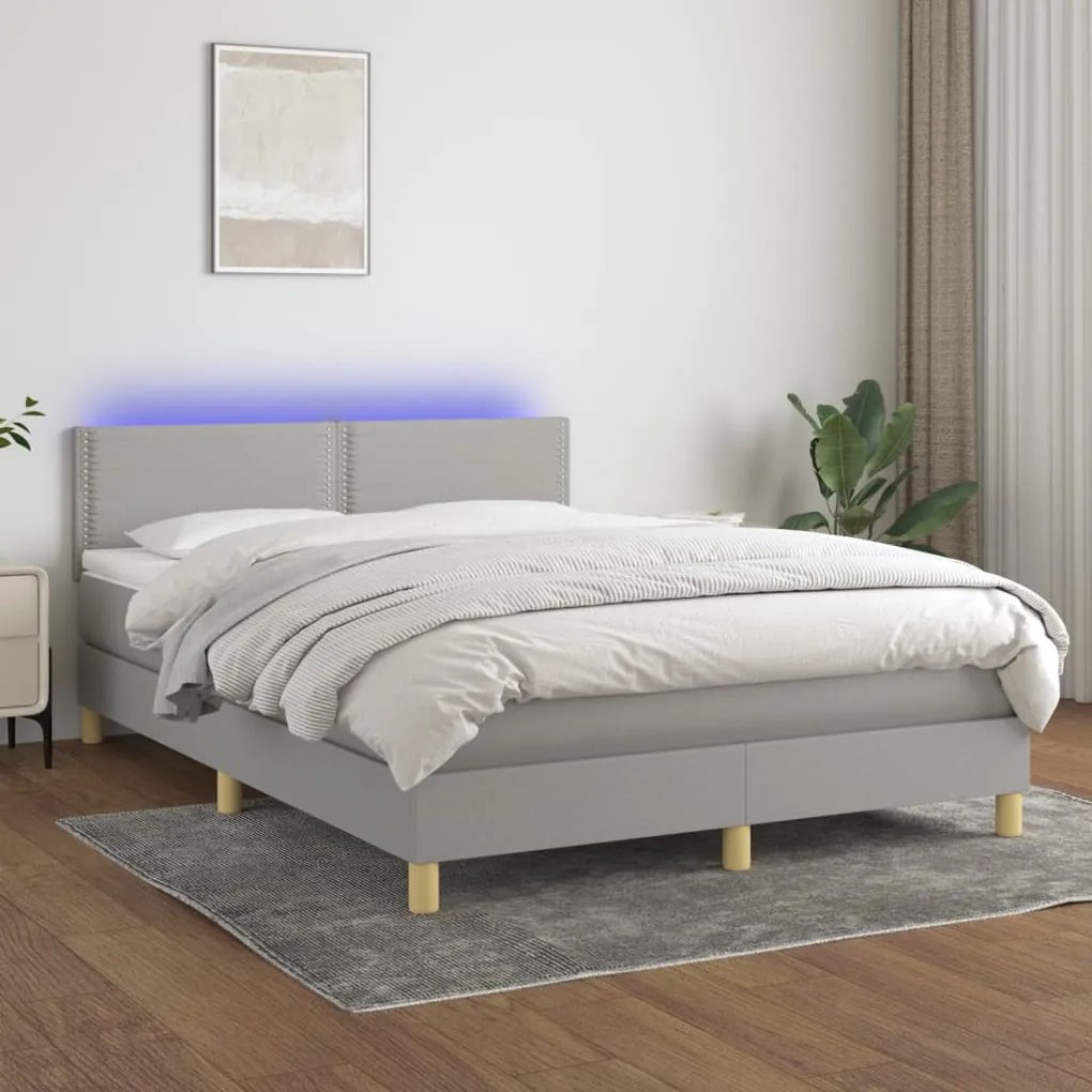 Cama box spring c/ colchão e LED 140x190 cm tecido cinza-claro