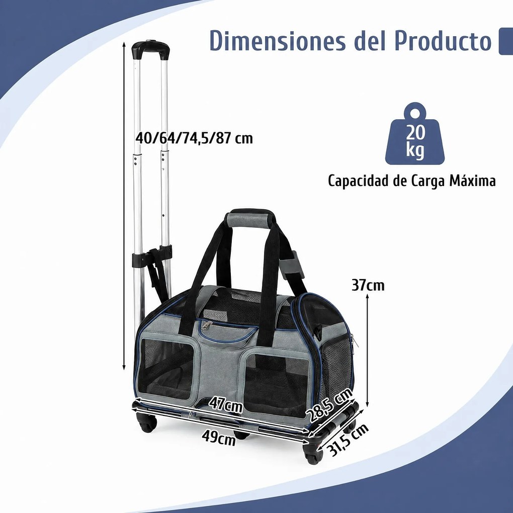 Transportadora para Animais com Carrinho Removível, 47 x 31,5 x 37 cm, Pega Telescópica Ajustável, Azul