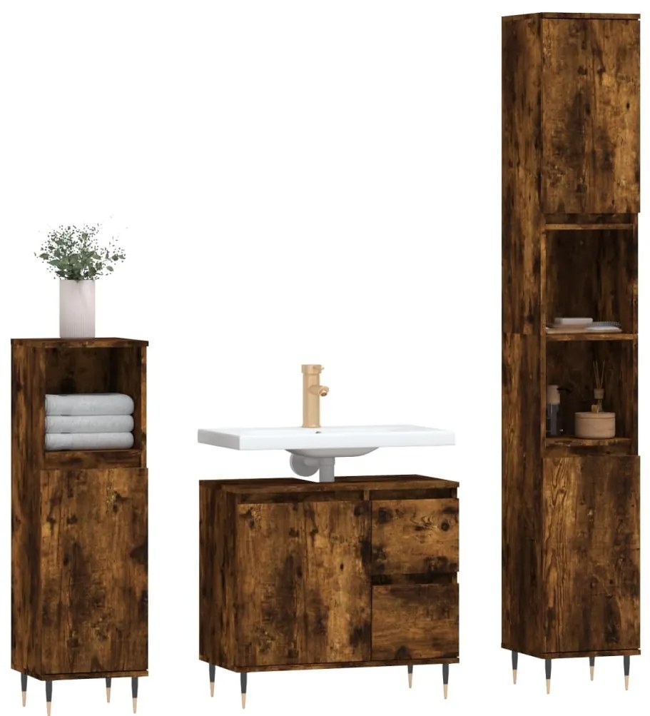 3 pcs conjunto de móveis WC madeira processada carvalho fumado