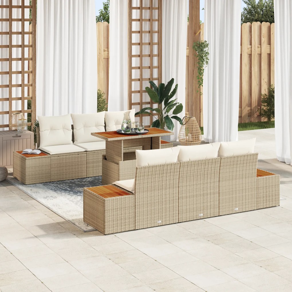 vidaXL Conjunto de Jantar de Jardim 7 Peças com Almofadas Bege em Rattan Sintético e Acácia