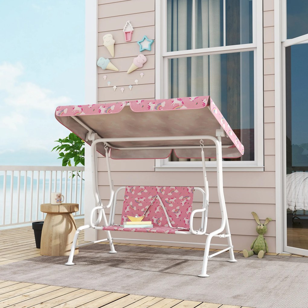 Baloiço de Jardim Exterior Infantil de 2 Lugares com Toldo Ajustável, Cintos de Segurança e Design de Unicórnio e Arco-Íris Rosa