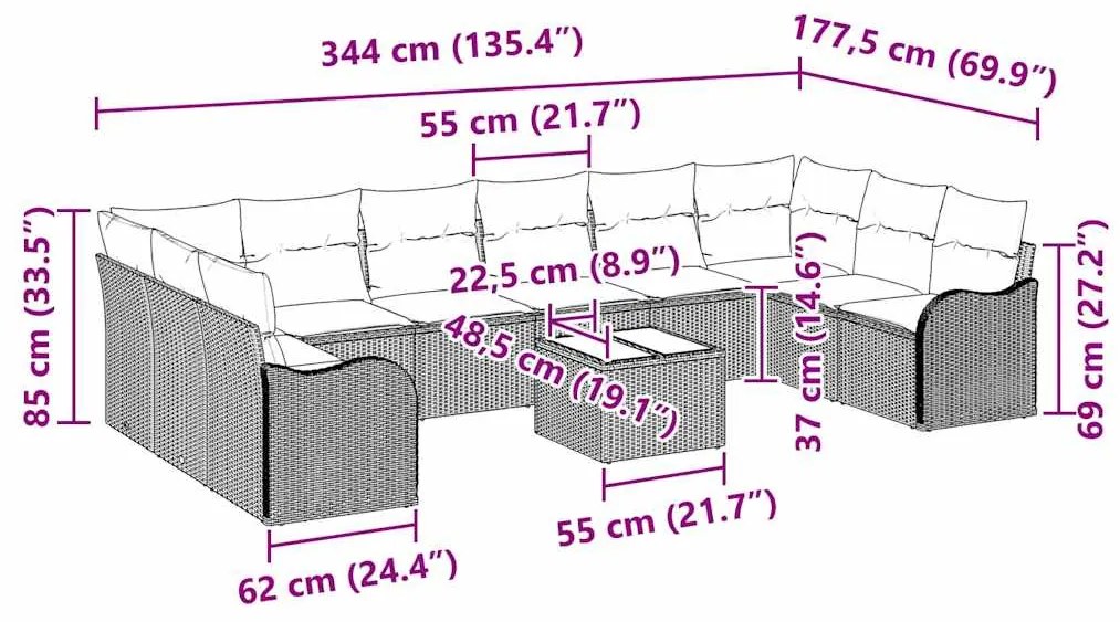 Conjunto de Sofá de Jardim 11 Peças com Almofadas de Rattan e Poliéste
