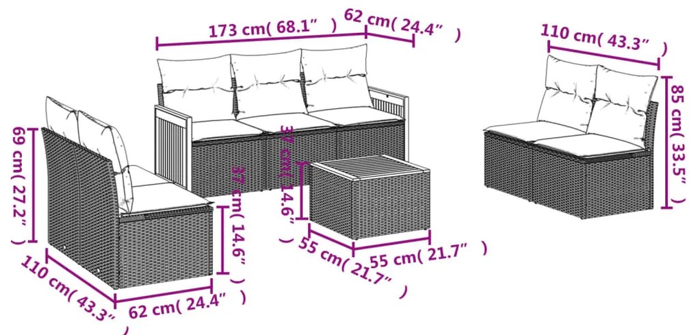 8 pcs conjunto sofás de jardim com almofadões vime PE preto