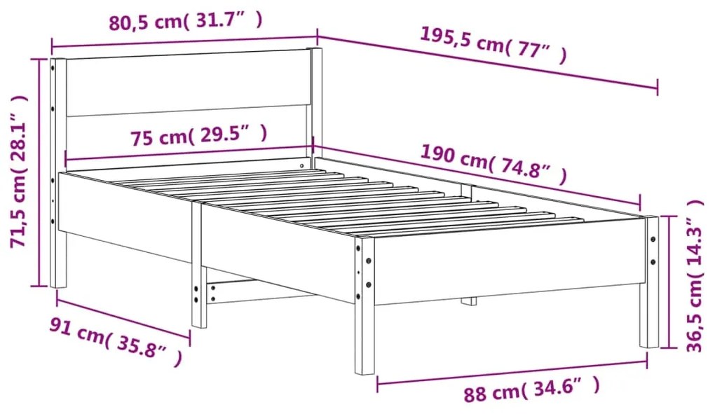 Cama sem colchão 75x190 cm madeira de pinho maciça branco