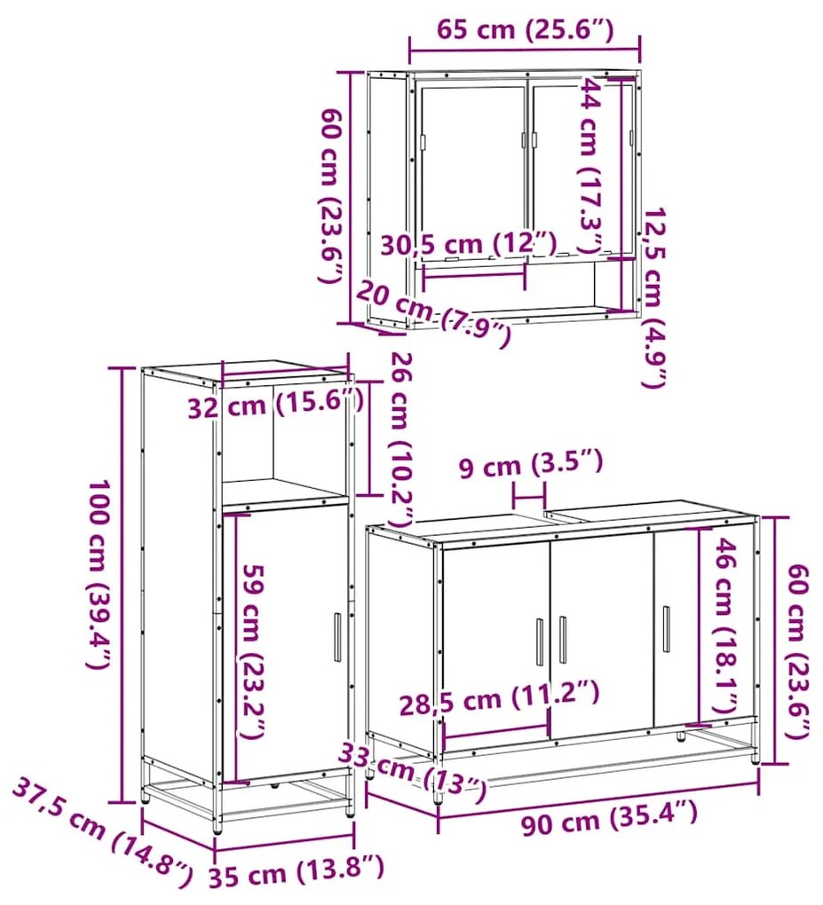 3 pcs Conjunto móveis casa de banho madeira proc. cinza sonoma