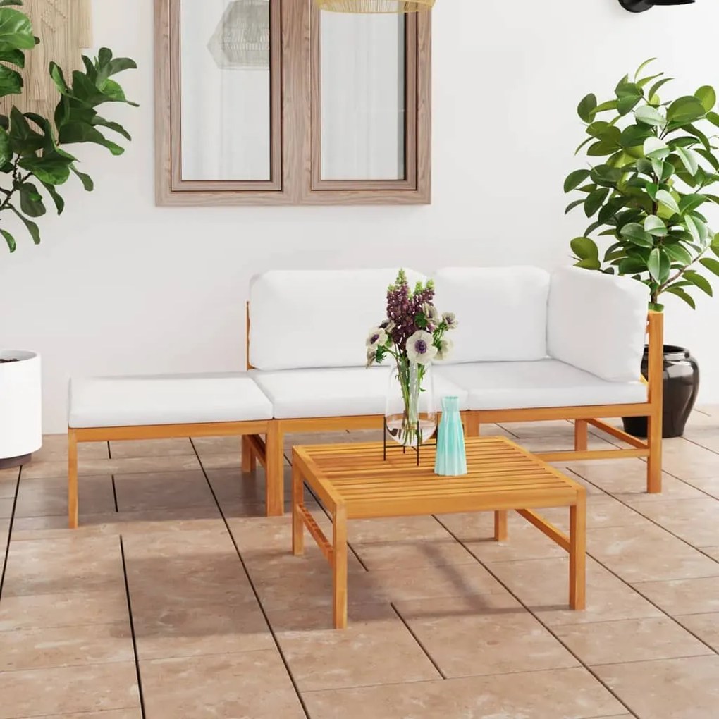 3087250 vidaXL 4 pcs conj. lounge jardim c/ almofadões cor creme teca maciça