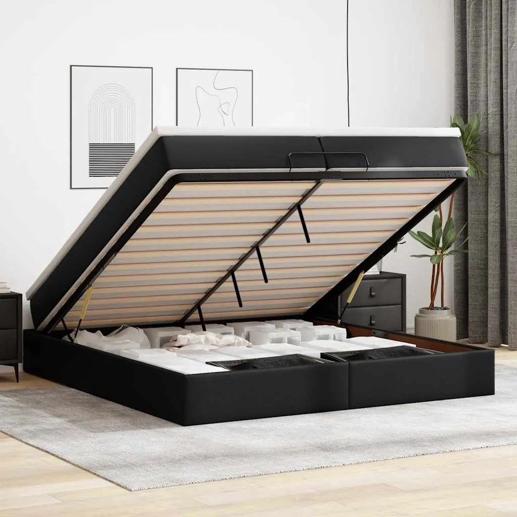 Estrutura de cama otomana com colchões pele artificial preta