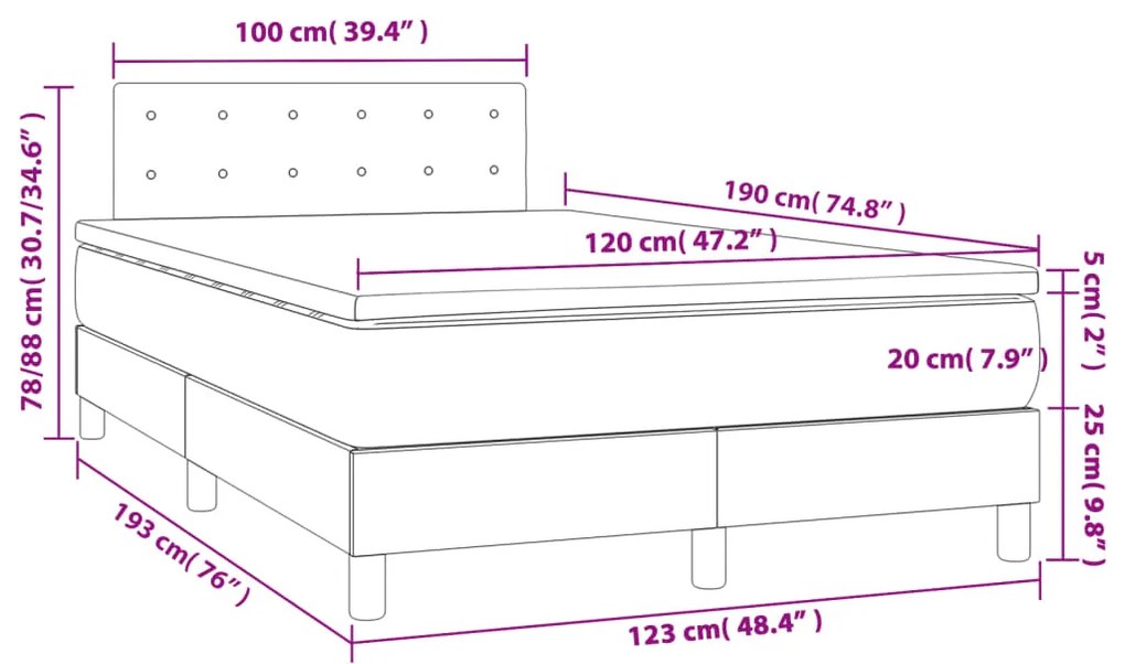 Cama box spring c/ colchão e LED 120x190 cm tecido cinza-claro