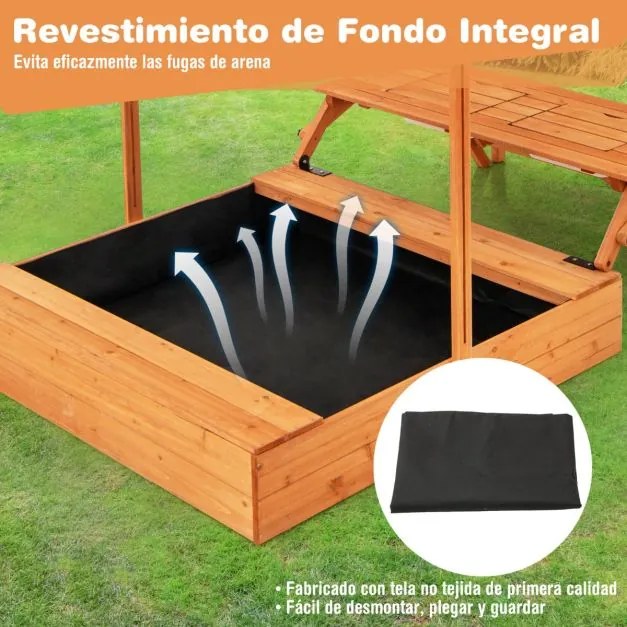 Caixa de areia de madeira para 3+ anos com mesa e banco dobráveis, guarda-sol ajustável e giratório, natural e azul