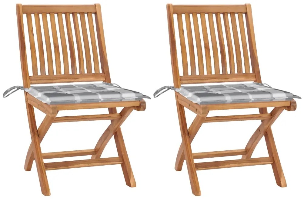 vidaXL Cadeiras jardim c/ almofadões xadrez cinzento 2 pcs teca maciça