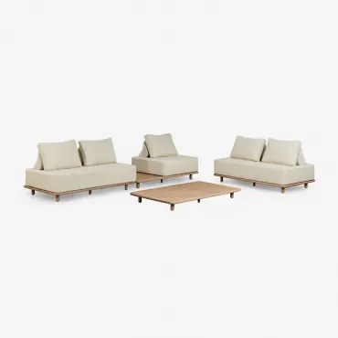 Conjunto De Jardim Com Sofá Modular De 2 Peças, Mesa Auxiliar, Sofá E Mesa De Centro 160x95 Cm Em Acácia Portet Gardénia Branco - Sklum