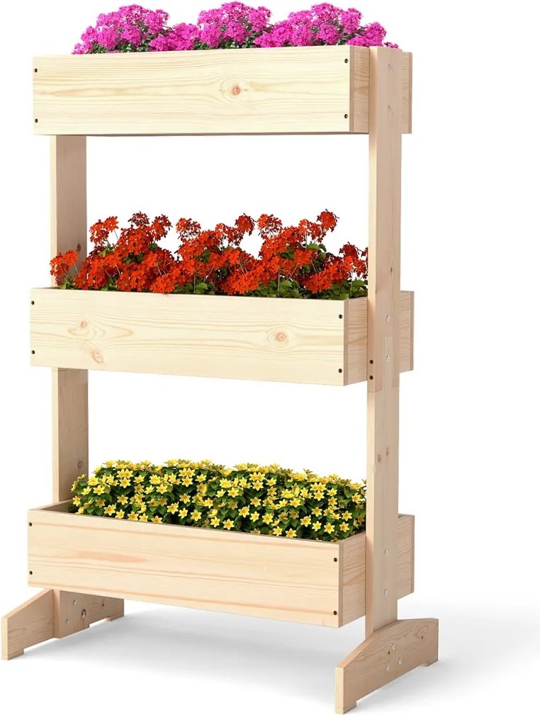 Floreira Elevada 9 x 39 x 109 cm de 3 Níveis para Plantas Estrutura de Madeira para Interiores e Exteriores para Plantas Verduras e Flores natural