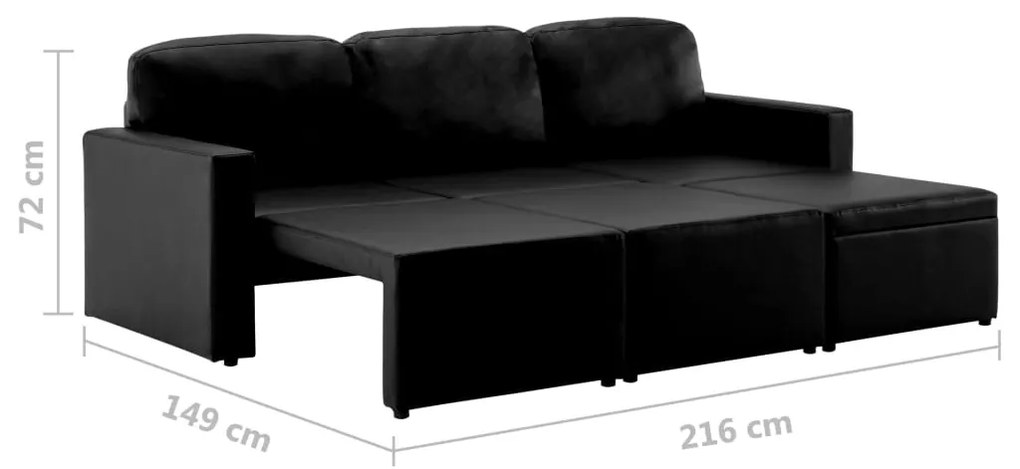 Sofá-cama modular de 3 lugares couro artificial preto