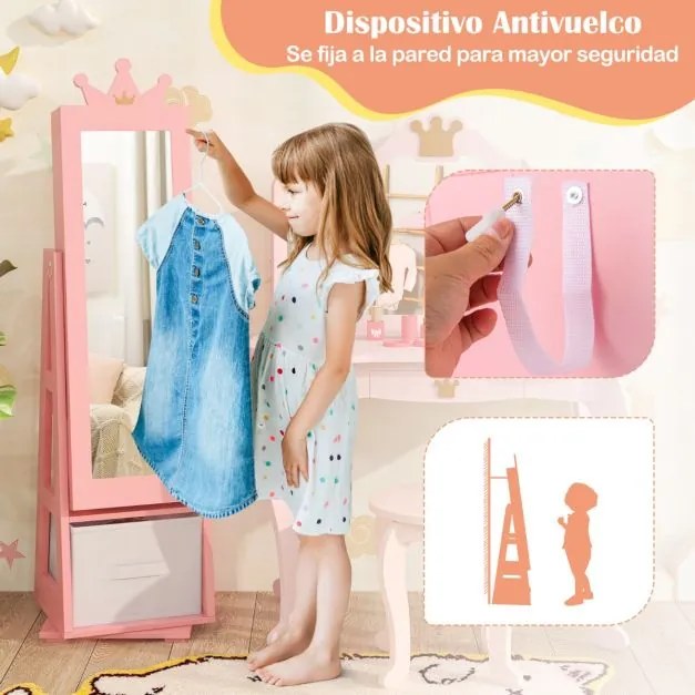Espelho para crianças de corpo inteiro com grande capacidade de armazenamento e base giratória para raparigas Rosa