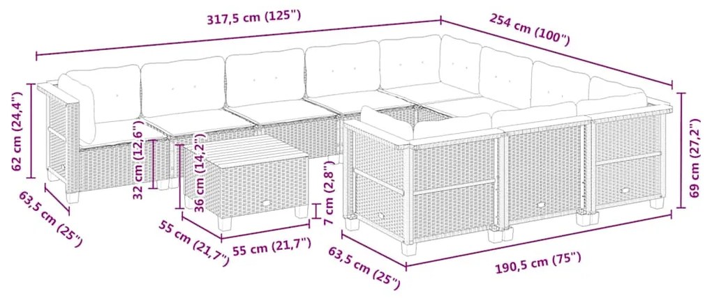 11 pcs conjunto sofás de jardim c/ almofadões vime PE bege