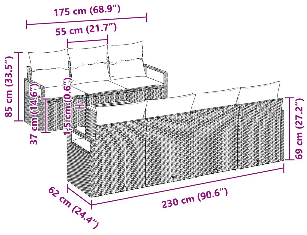 Conjunto de Sofás de Jardim vidaXL de 8 Peças com Almofadas Cinza Ratt