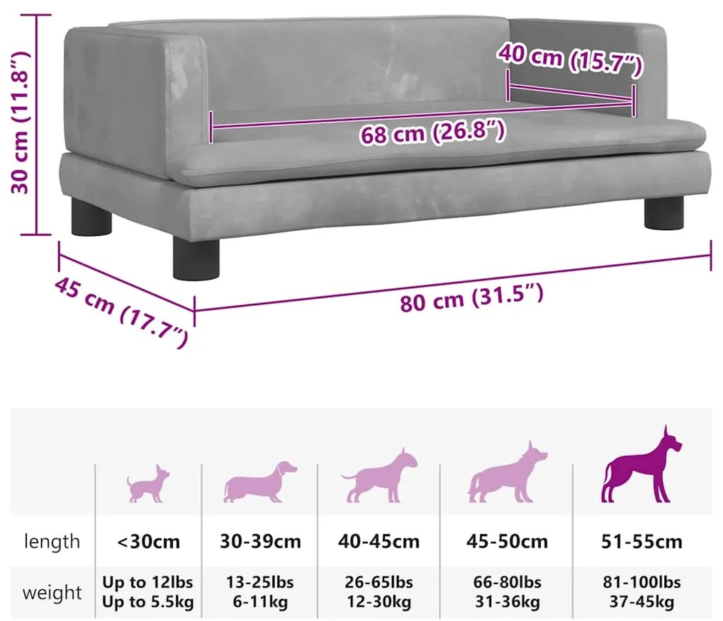 Cama para cães 80x45x30 cm veludo cinzento-claro