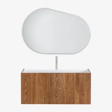 Conjunto De Móvel De Casa De Banho Suspenso 120x50 Cm Em Madeira Com Lavatório Integrado Fiore Castanho Fresno & Oval Led E - Sklum