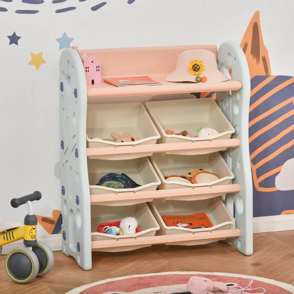 HOMCOM Organizador de Brinquedos para crianças tipo Estante Infantil com 6 Caixas para quarto Sala de Jogos Creche 76x36x92cm Creme Coral Azul