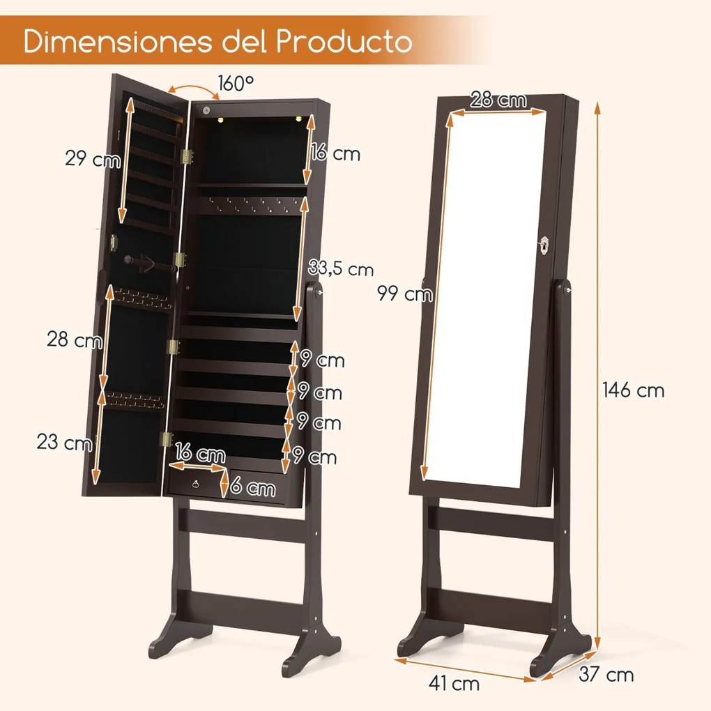 Armário para joias com espelho de corpo inteiro e luzes LED 4 ângulos de inclinação ajustáveis 41 x 37 x 146 cm Castanho