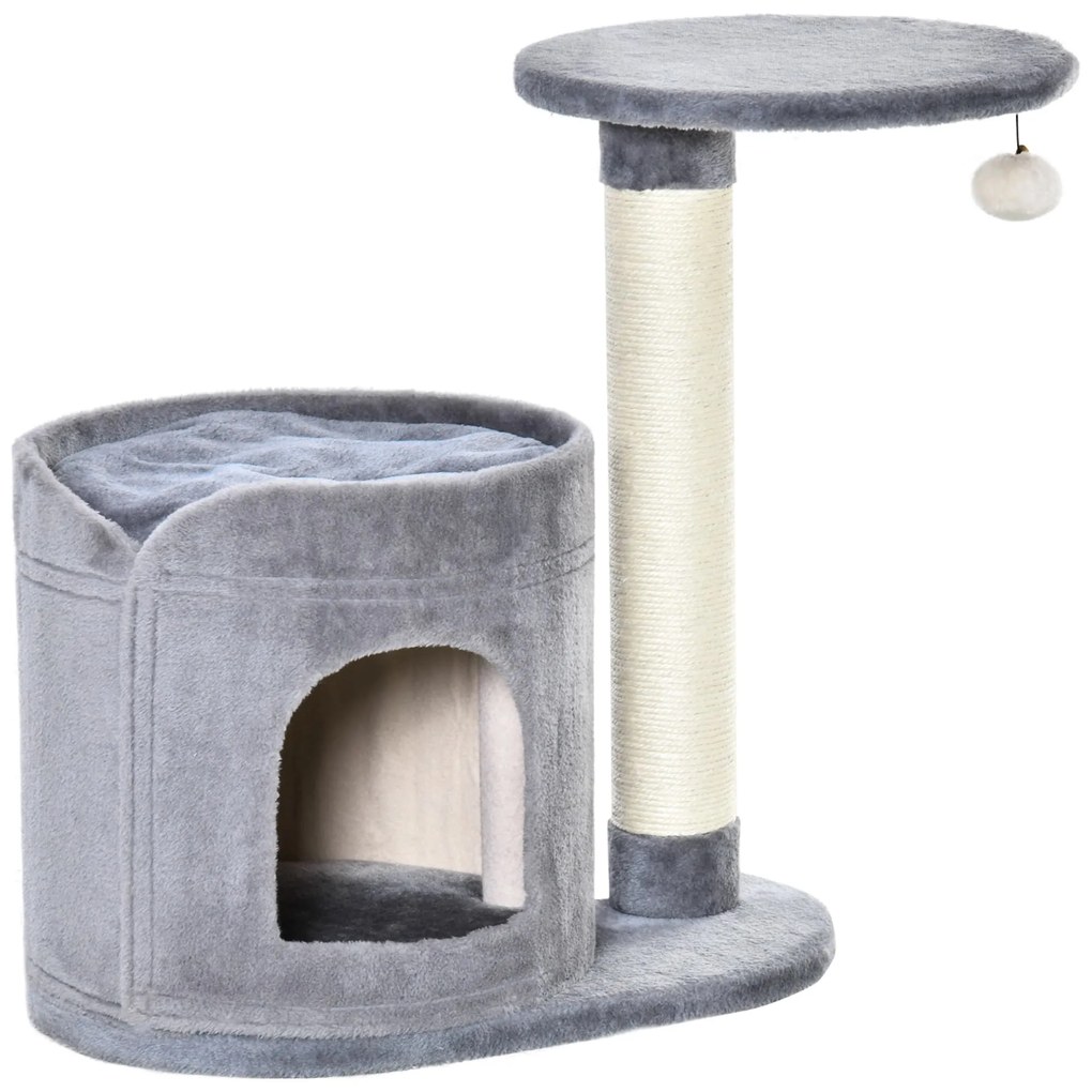 PawHut Arranhador Gatos Pequeno 59cm Caverna Pelúcia Suave Almofada Lavável Cinza 55x36x59cm