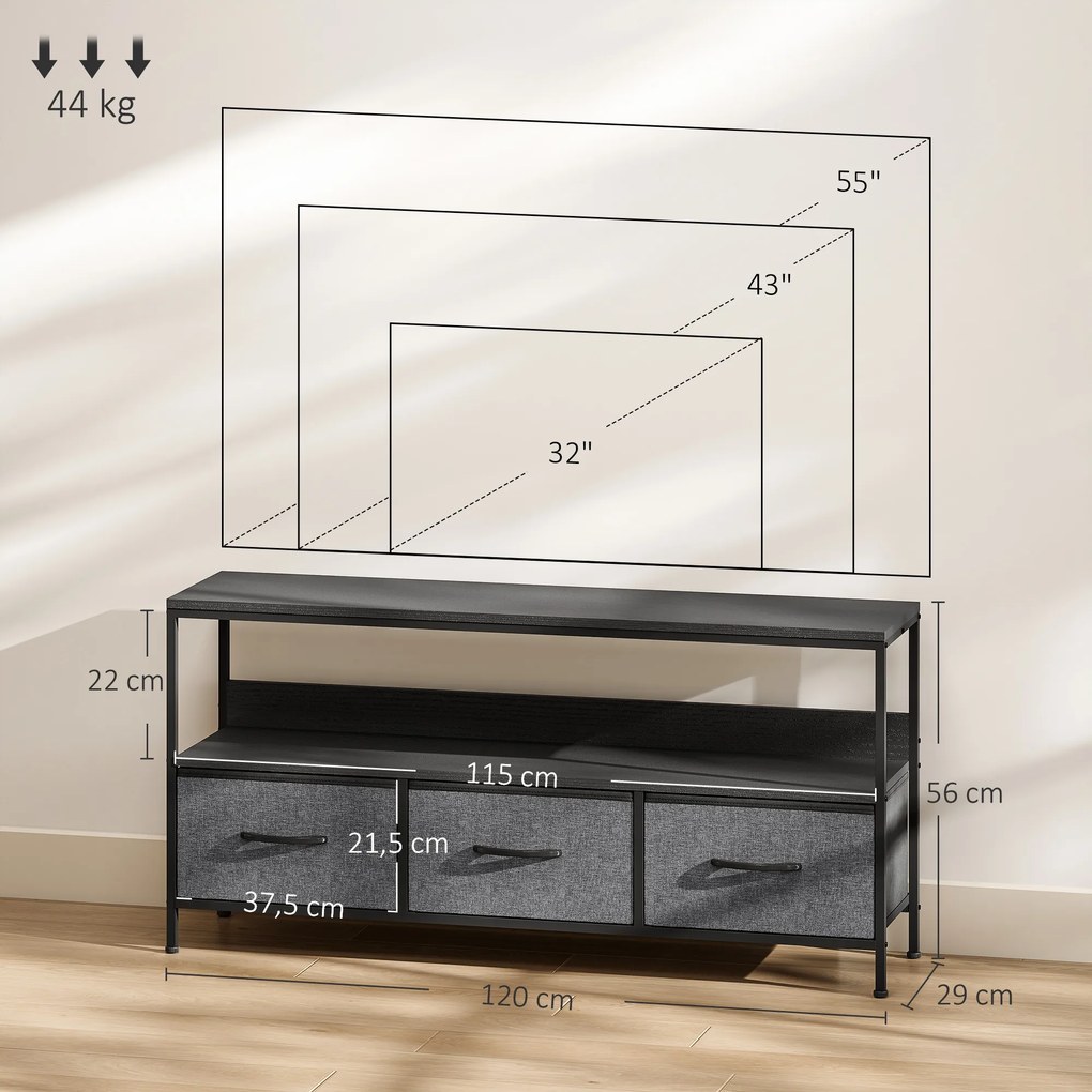 Móvel para televisão 120 x 29 x 56 cm, adequado para televisores até 55 polegadas, com 3 gavetas tecido e pés em aço, cinzento, preto
