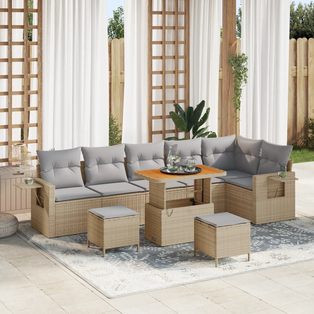Conjunto de Sofá de Jardim vidaXL 9 Peças com Almofadas Bege Poliratta