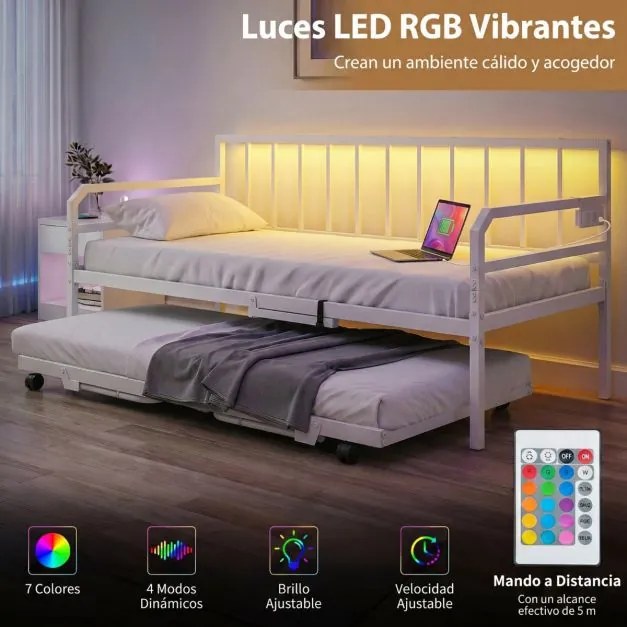Sofá-cama individual com luzes LED205 x 90 x 96,5 cm (COLCHÕES NÃO INCLUIDOS), base metálica e cama extra extraível, estação de carregamento integrada