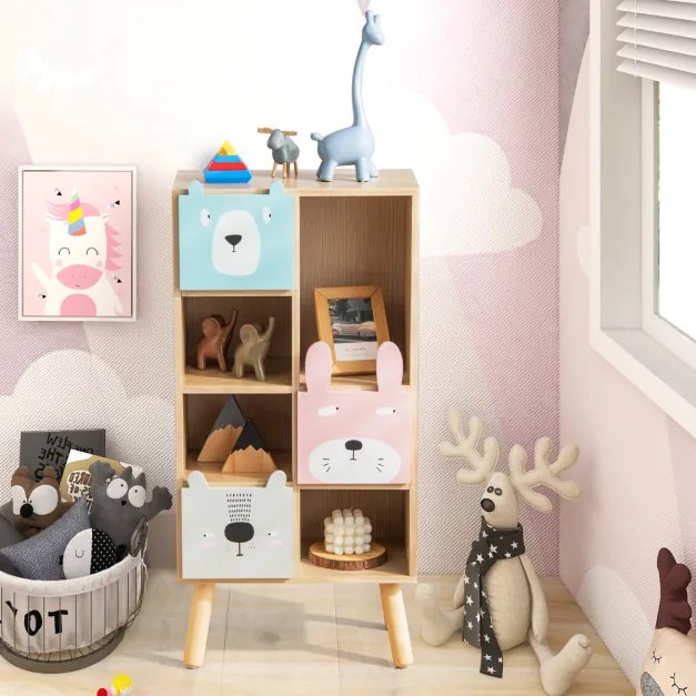 Estantel infantil com gavetas e compartimentos abertos para brinquedos e livros Móveis para guardar brinquedos 40 x 25,5 x 82,5 cm natural