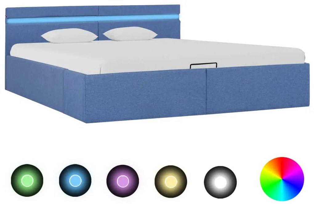 vidaXL Cama hidráulica c/ arrumação e LED 160x200 cm tecido azul
