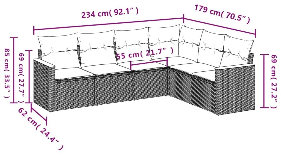 6 pcs conjunto sofás de jardim c/ almofadões vime PE preto