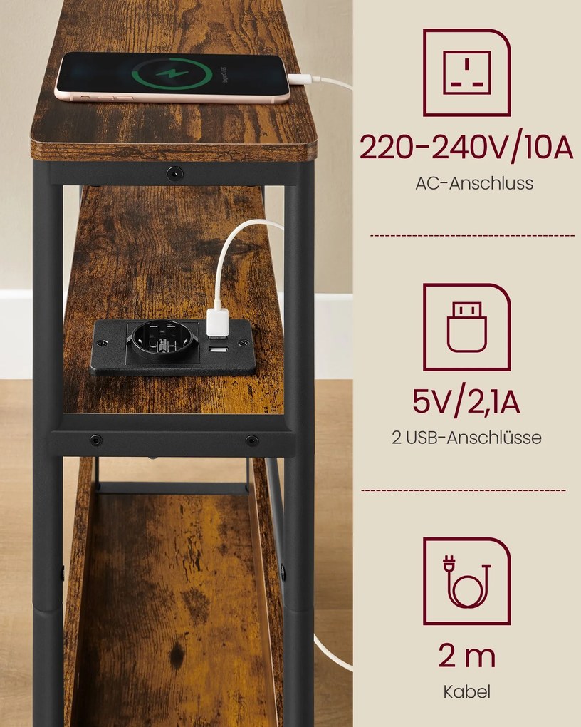 Mesa de cabeçeira ou Mesa de apoio, com 1 tomada e 2 portas USB e 3 prateleiras estreitas 18 x 45 x 58 cm Castanho vintage + Preto